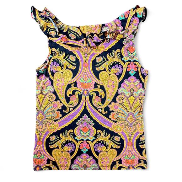 Lauren Ralph Lauren Sleeveless Top M PET Paisley Exaggerated Ruffle Y2K Dopamine - Picture 8 of 9